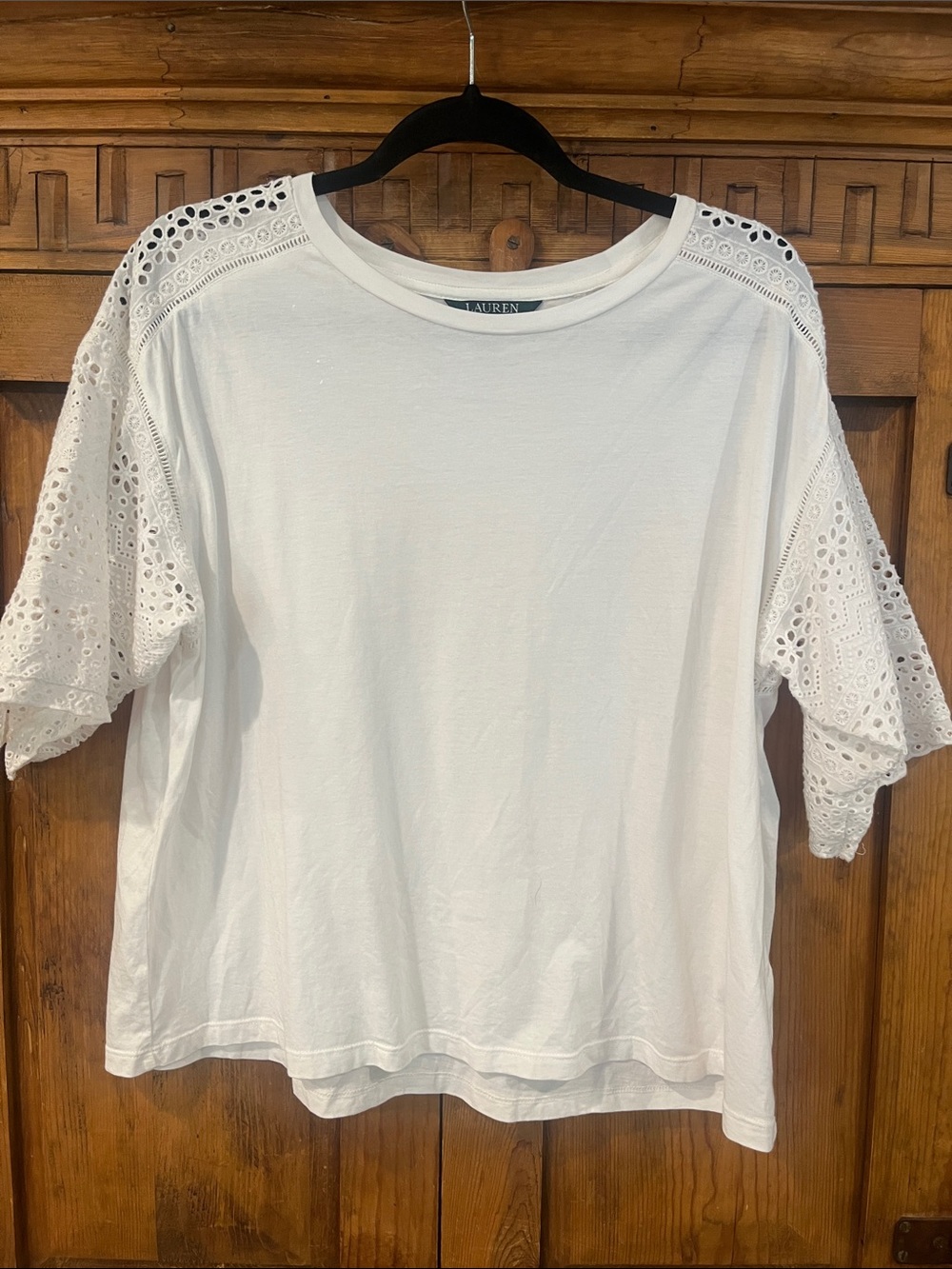 Lauren Ralph Lauren White Cotton Tee with Eyelet Sleeve Detail